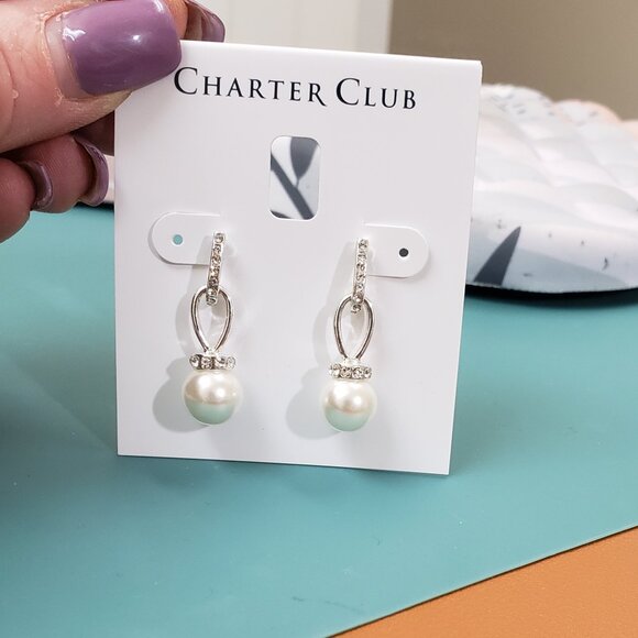 Charter Club Jewelry - Charter Club, NWT, Silver tone pearl drop dangle jeweled pierced earrings